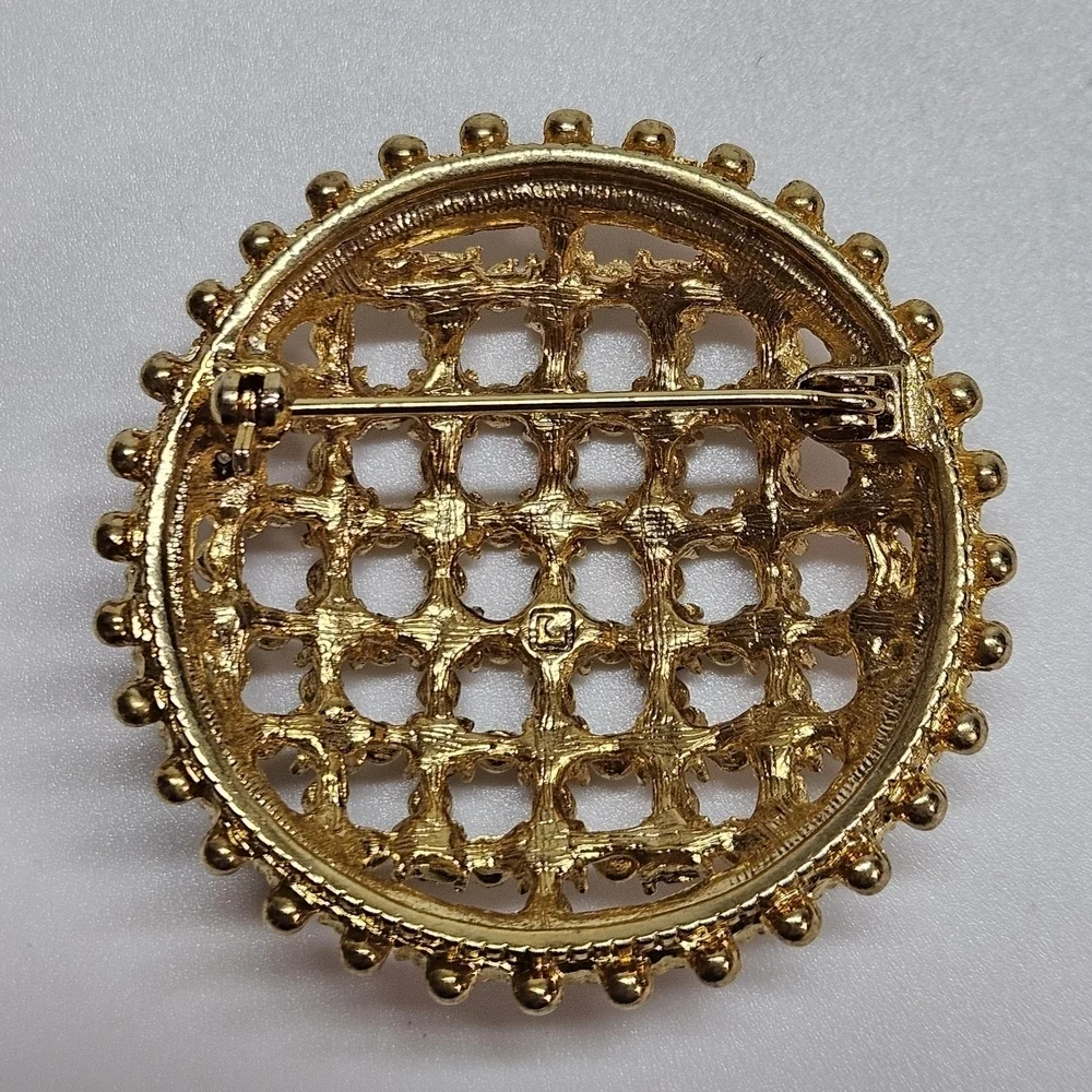 VINTAGE Multi Color Glass Rhinestone Gold Tone Dome Brooch Pin Signed